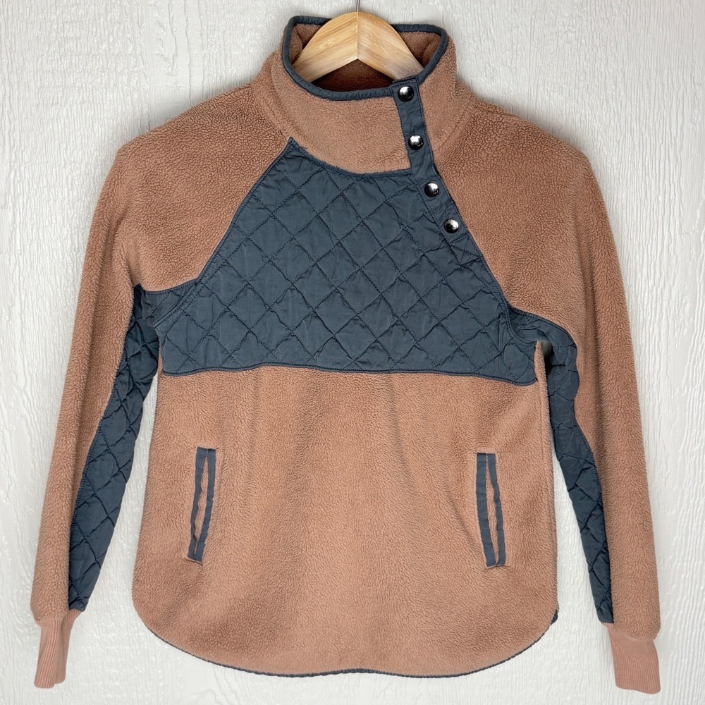 Abercrombie & Fitch Womens Cozy Fleece Pullover Quilted Snap Neck Tan Gray XS